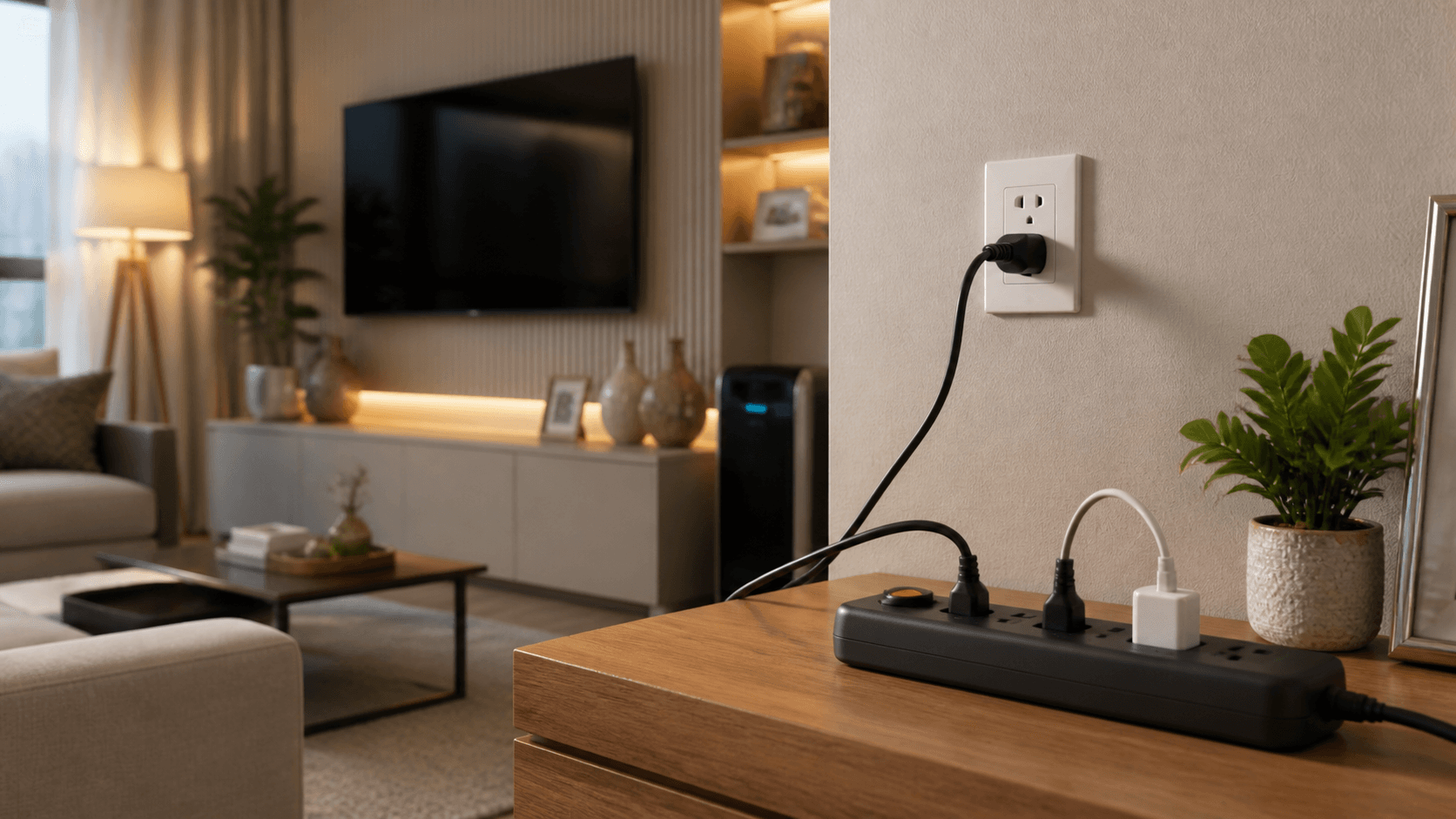 Sala residencial com aparelhos conectados a um filtro de linha, representando a prevenção de danos elétricos