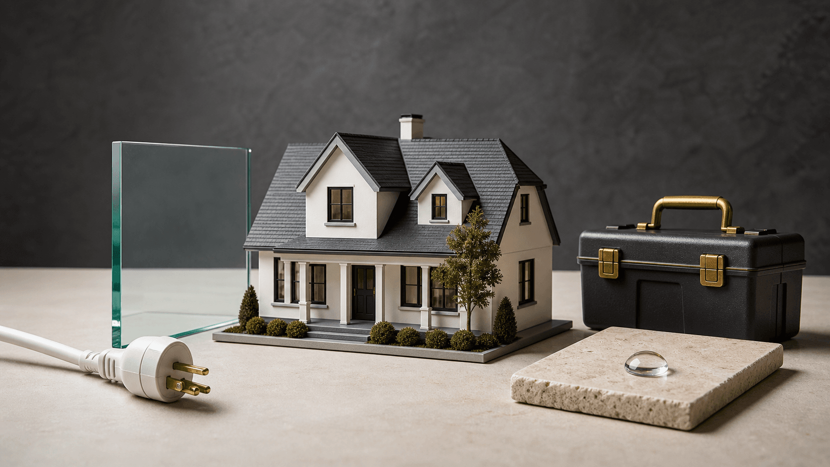 Maquete de casa cercada por elementos que representam coberturas e exclusões residenciais