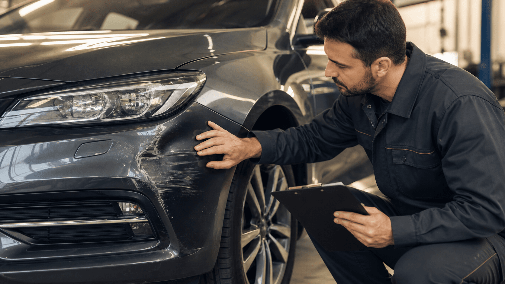 Profissional avaliando um dano parcial na dianteira de um automóvel antes do reparo