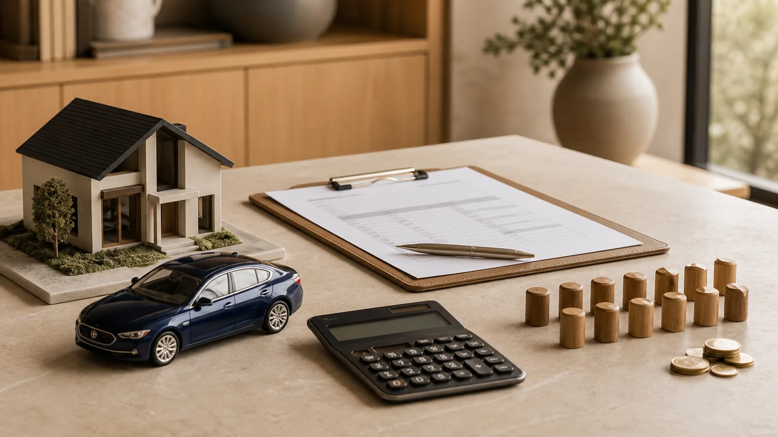 Miniaturas de uma casa e de um carro ao lado de uma calculadora e de um planejamento financeiro