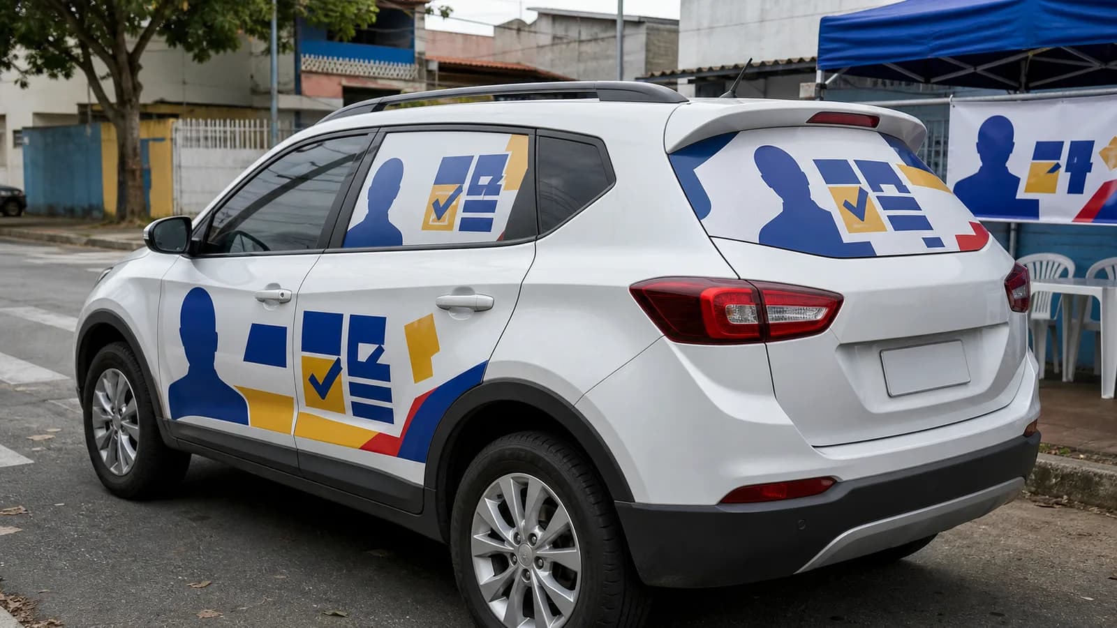 Veículo amplamente adesivado com material visual de uma campanha eleitoral fictícia